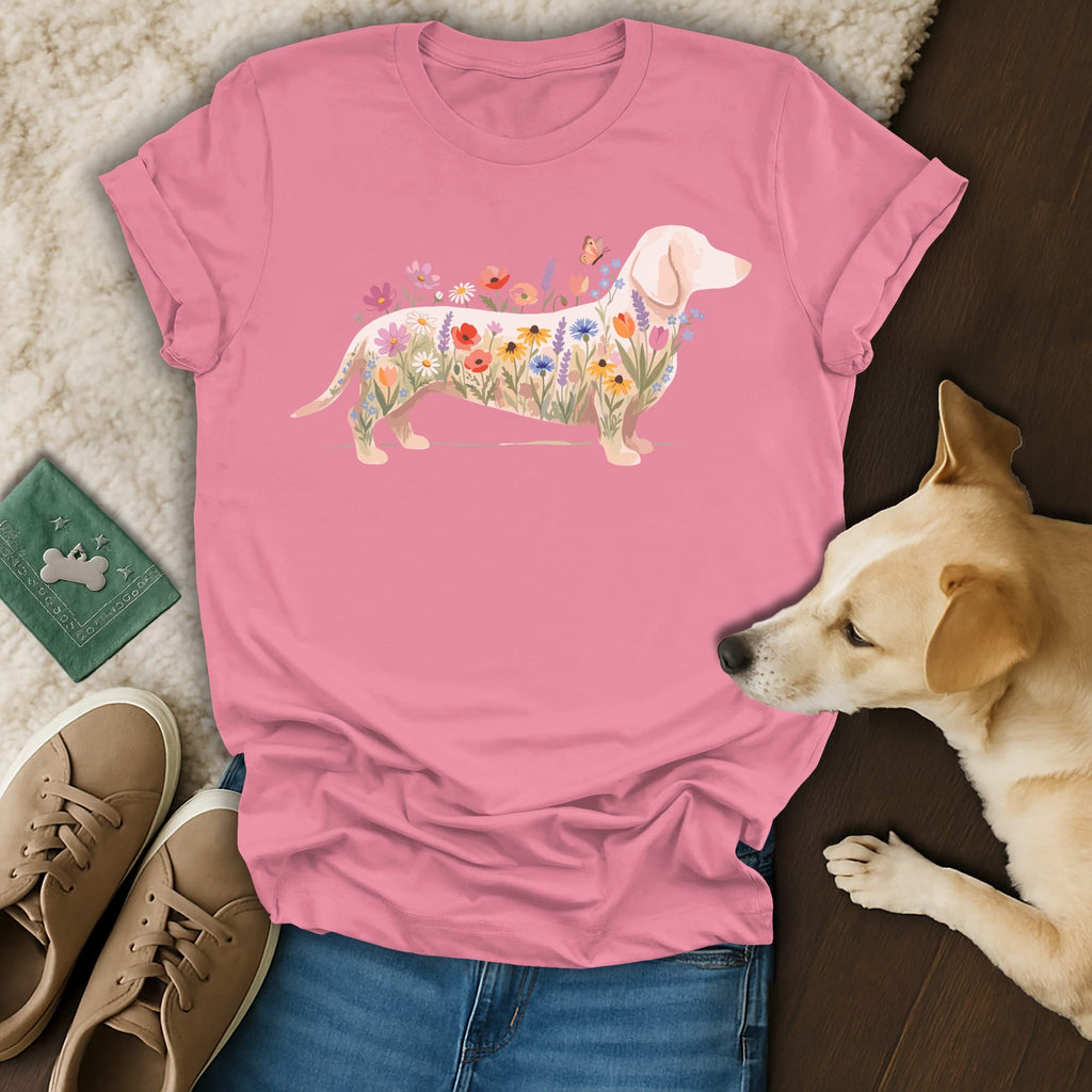 Pink t-shirt featuring a dachshund silhouette filled with colorful flowers and butterflies.