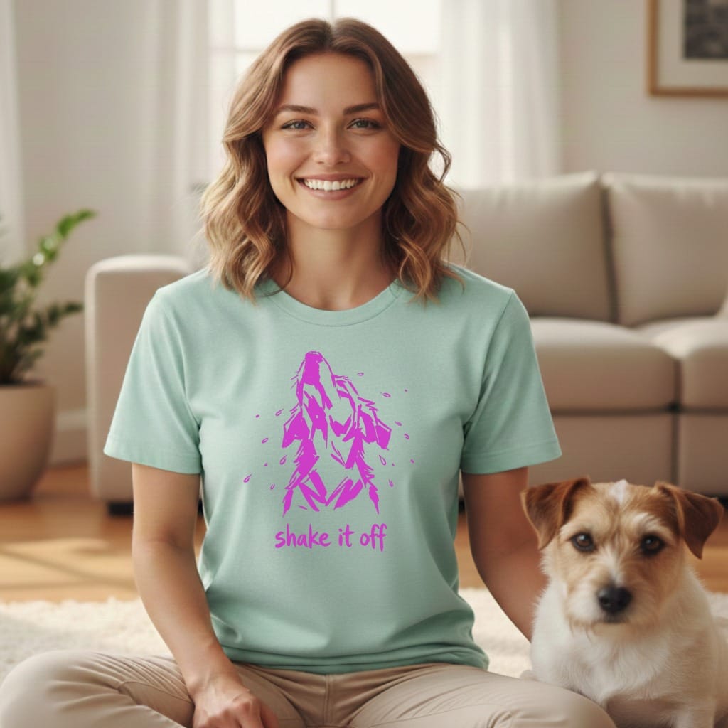 Light green t-shirt with a pink wolf graphic and "SHAKE IT OFF" text.