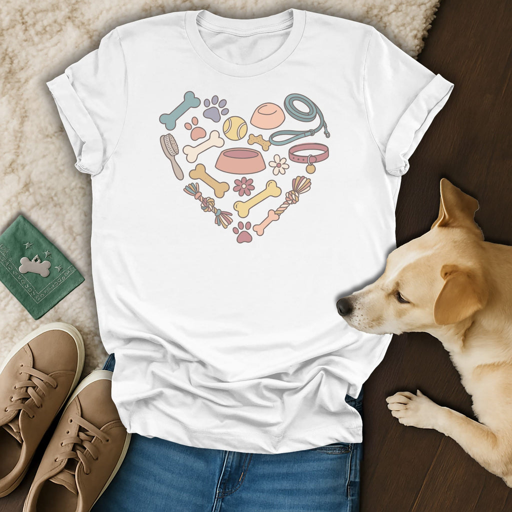 White t-shirt with pastel dog-themed icons arranged in a heart shape.