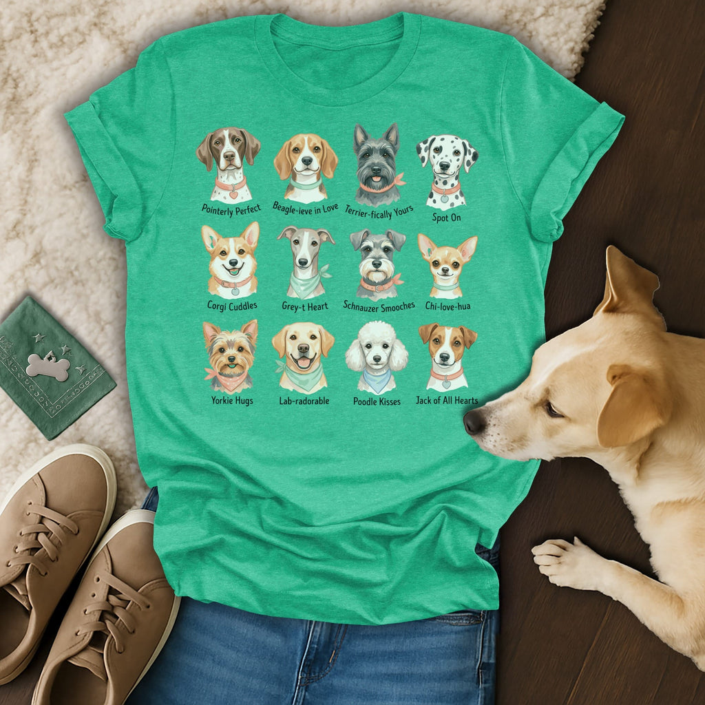 T-shirt with cartoon dogs and dog breed names.