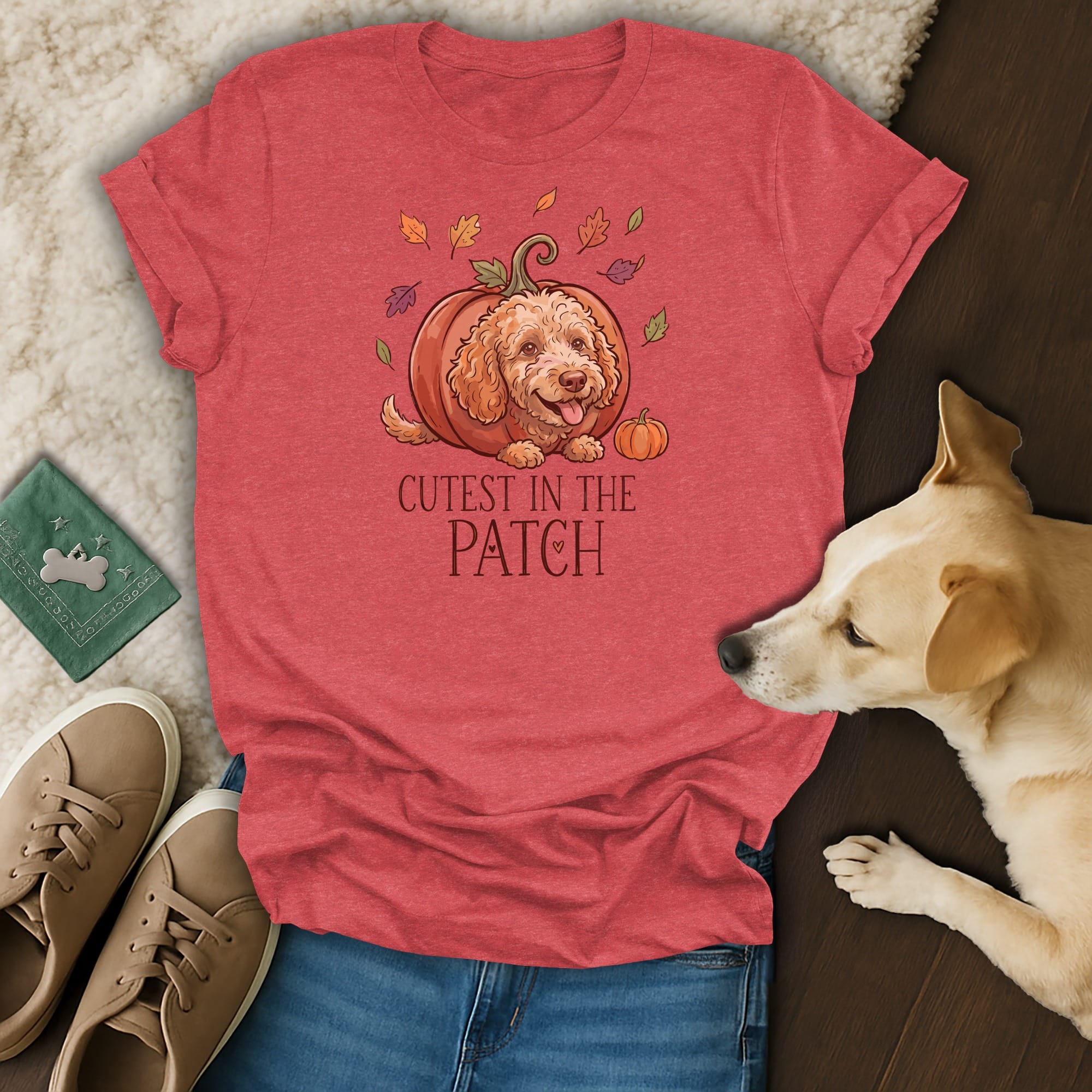 Red t-shirt with cartoon dog in pumpkin and text "Cutest in the Patch".