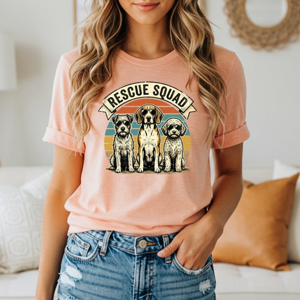 Three dogs with "Rescue Squad" text on a sunset background.