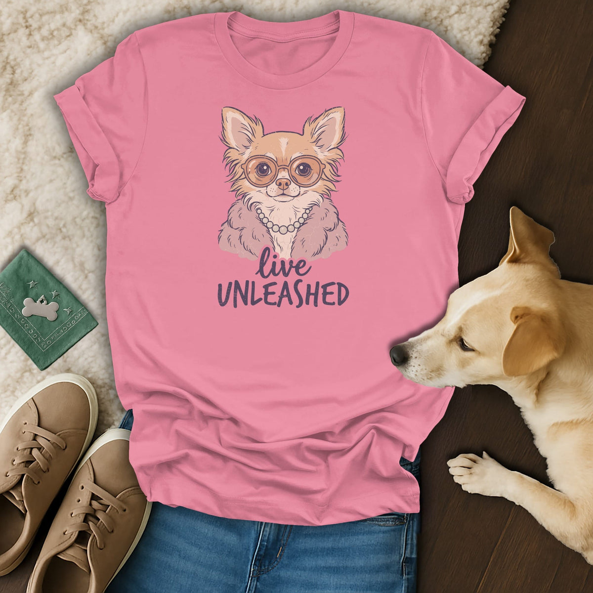Pink t-shirt with a chihuahua wearing glasses and a pearl necklace, text "live UNLEASHED".