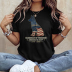 T-shirt with a German Shepherd silhouette filled with the American flag and city skyline.
