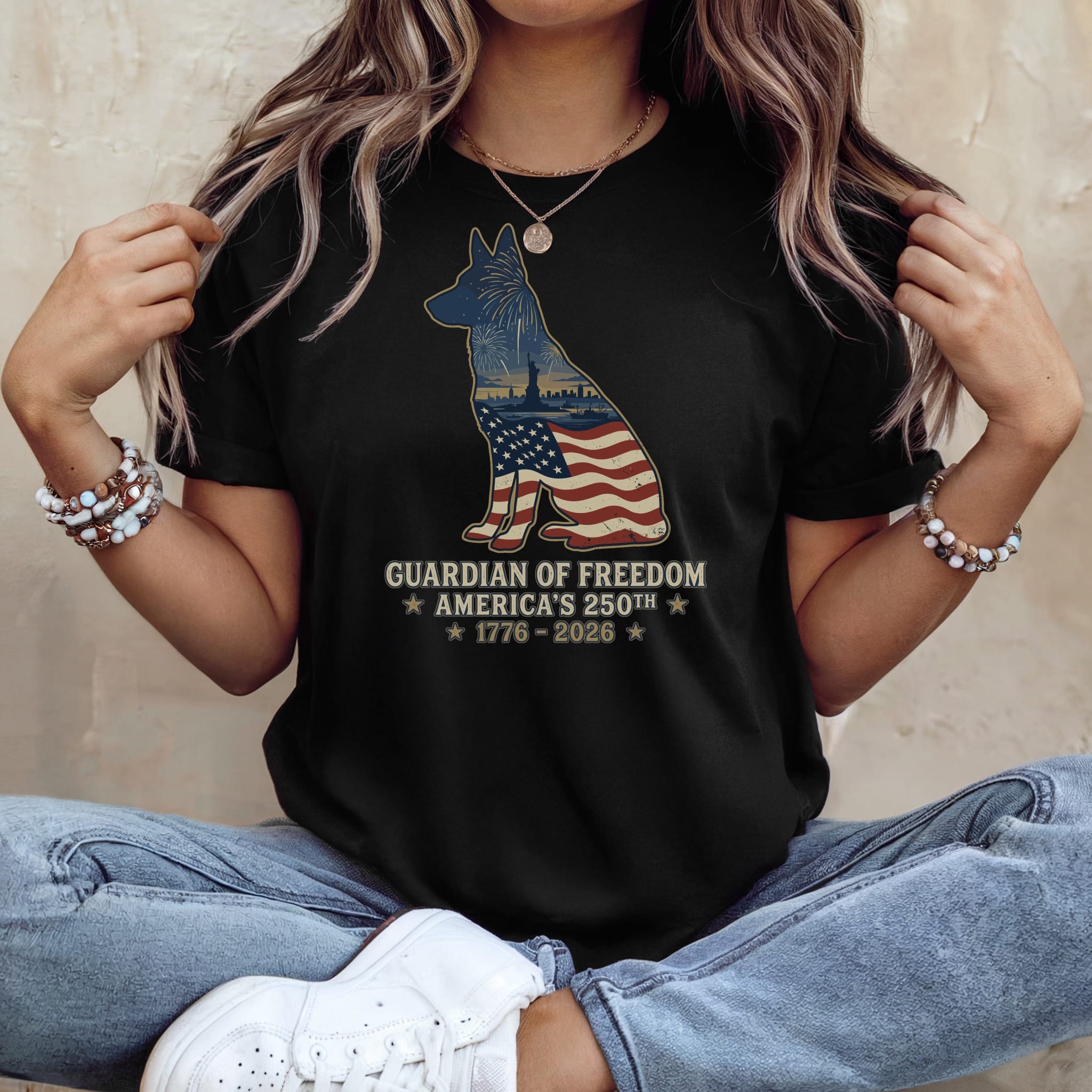 T-shirt with a German Shepherd silhouette filled with the American flag and city skyline.