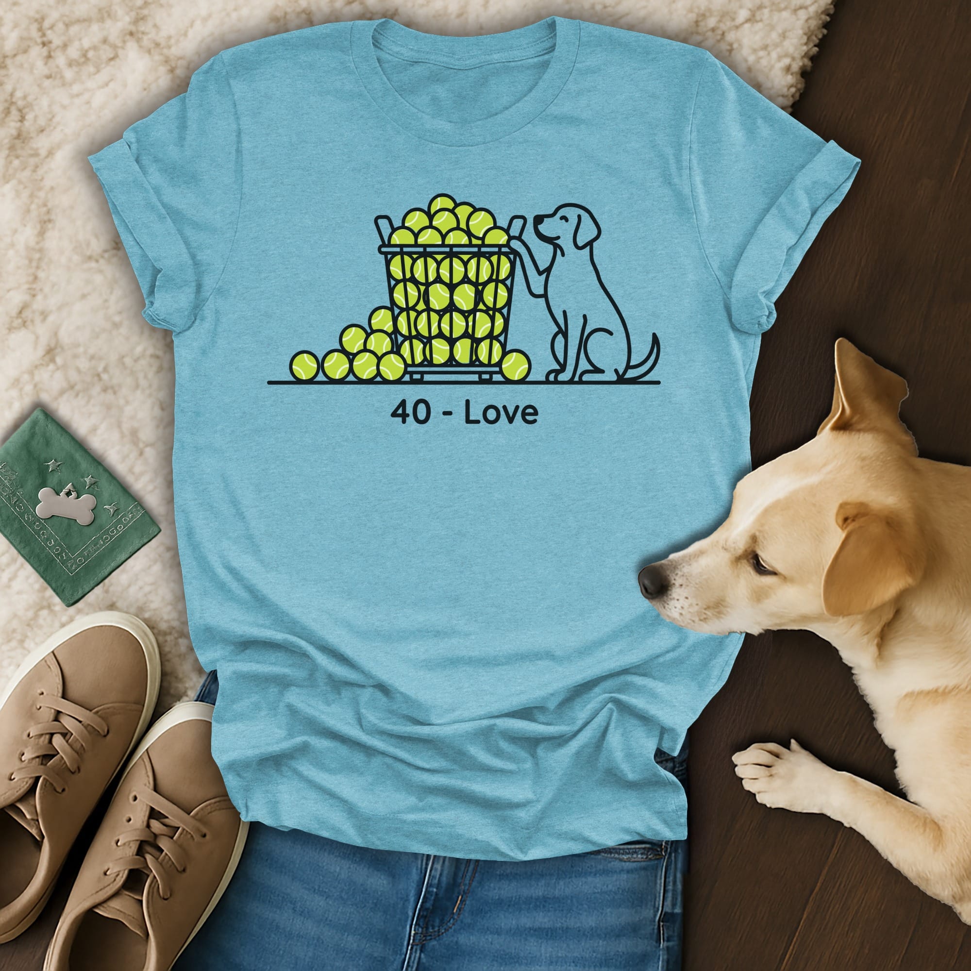 T-shirt with dog and tennis balls, text "40 - Love".