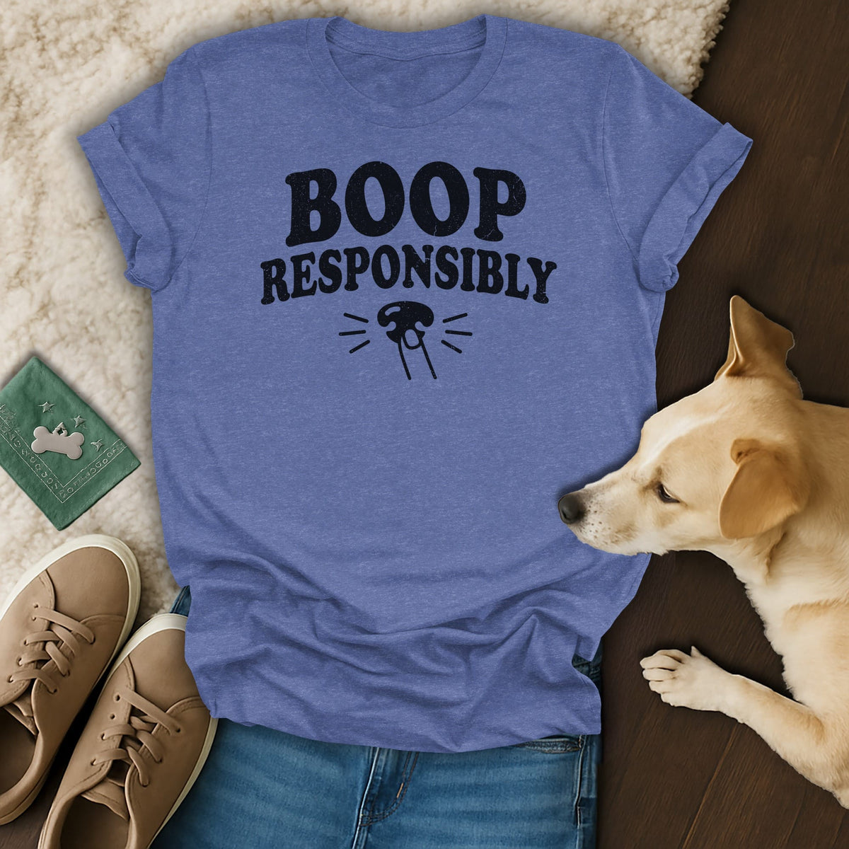 Blue t-shirt with black text "BOOP RESPONSIBLY" and a paw print graphic.