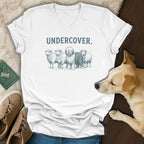 White t-shirt with "UNDERCOVER." text and a drawing of a dog among sheep.