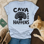 Light blue t-shirt with black text and a cavapoo graphic.