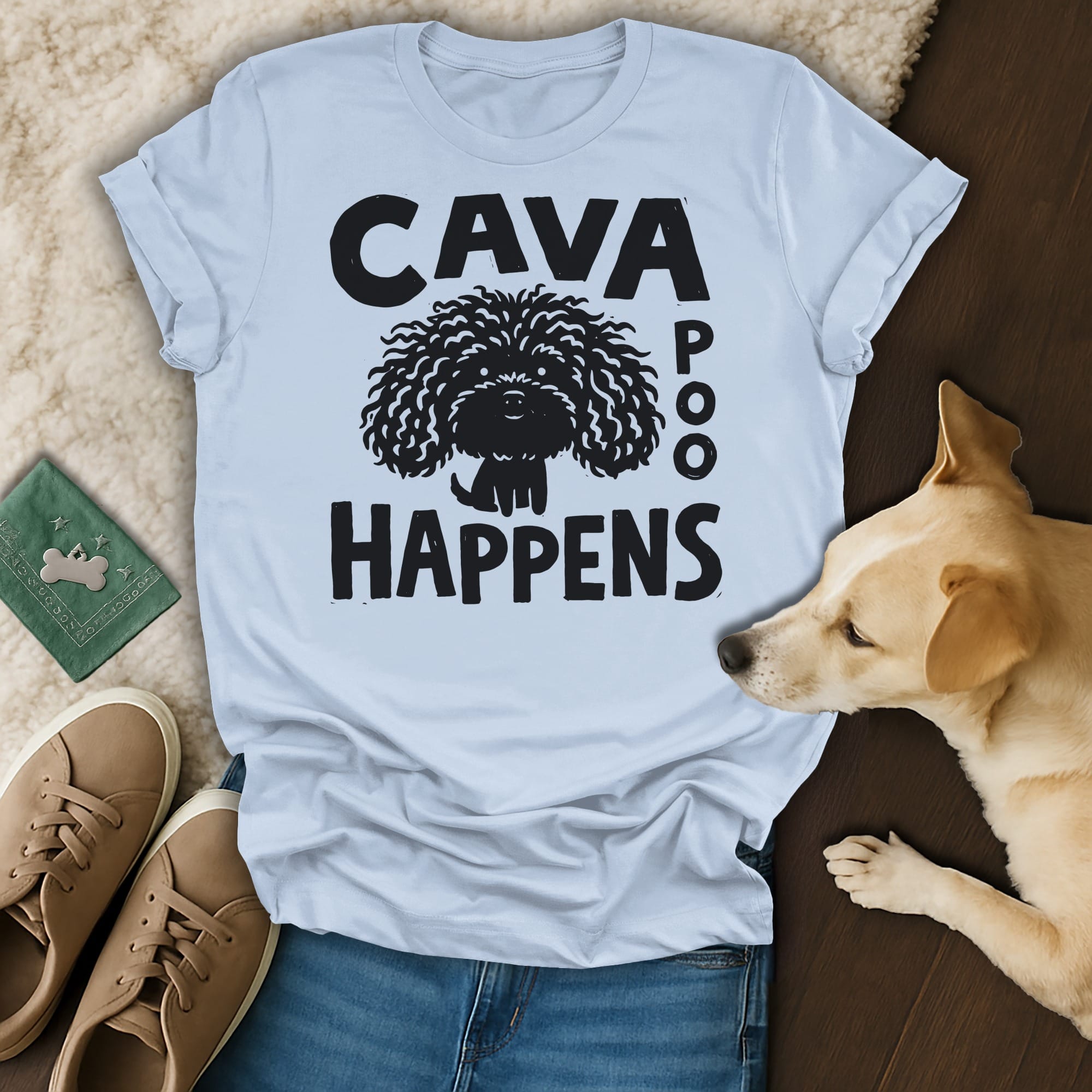 Light blue t-shirt with black text and a cavapoo graphic.