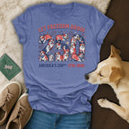 Blue t-shirt with "Let Freedom Drool 250 America's 250th 1776-2026" and bulldog graphics.