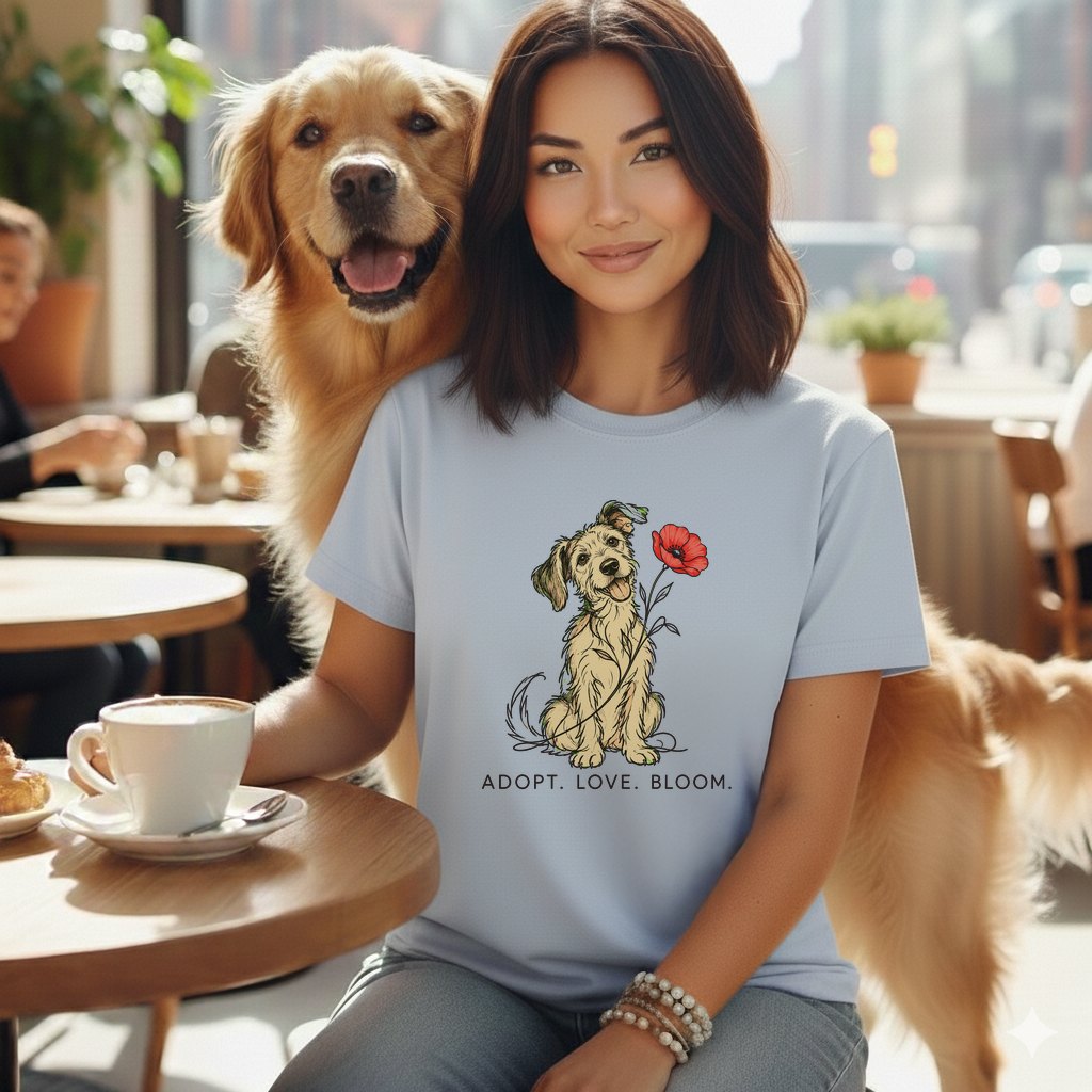 A woman wearing a light blue t-shirt featuring a dog illustration and the text ADOPT. LOVE. BLOOM. sits at a cafe with a golden retriever.