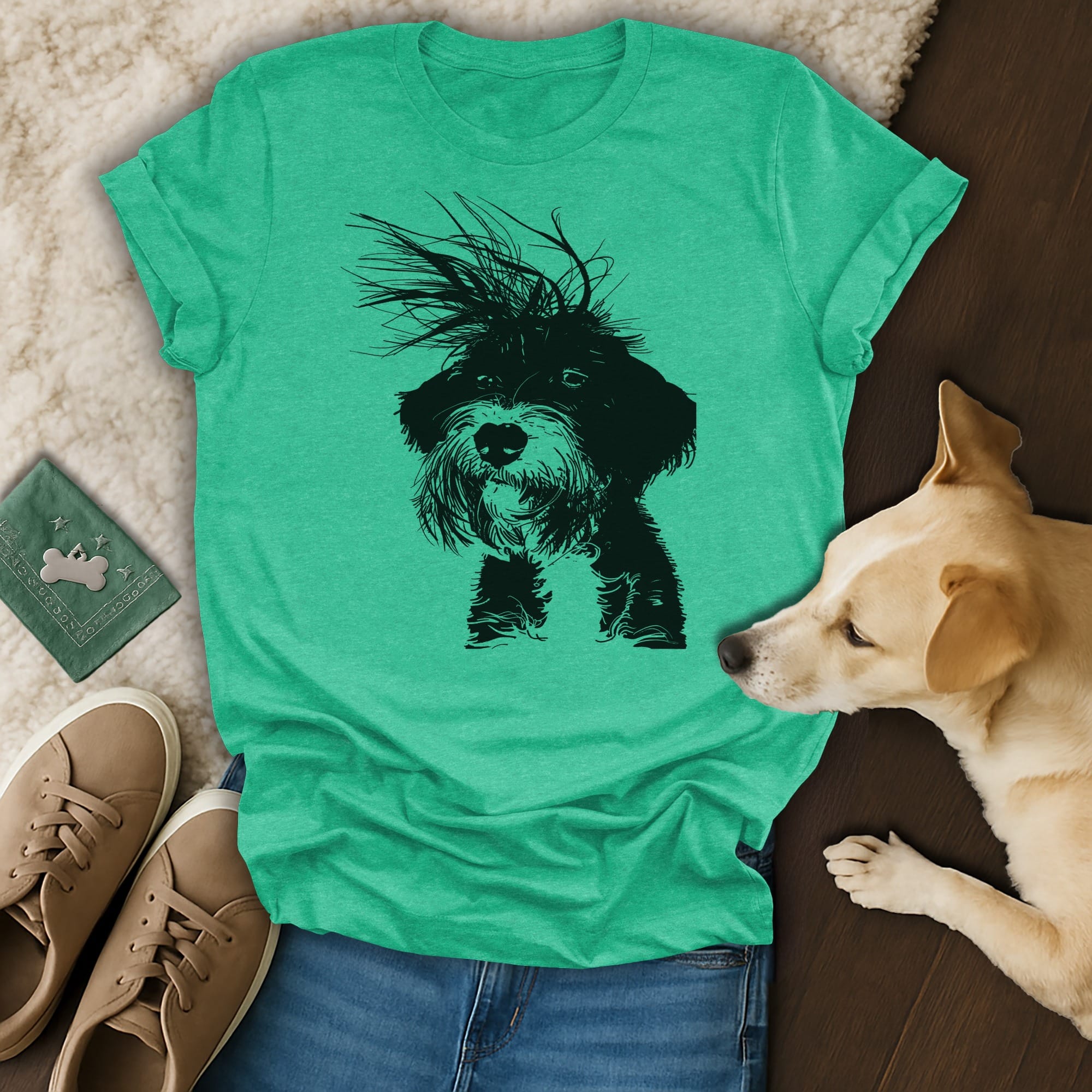 Green t-shirt with a black doodle dog graphic and a dog lying next to it.