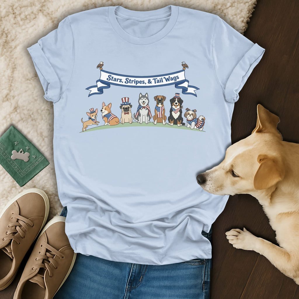 Light blue t-shirt with patriotic dogs and "Stars, Stripes, & Tail Wags" text.