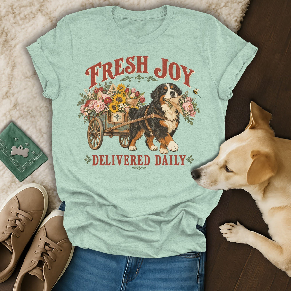 Mint green t-shirt with a vintage graphic of a Bernese Mountain Dog pulling a flower-filled wooden cart.