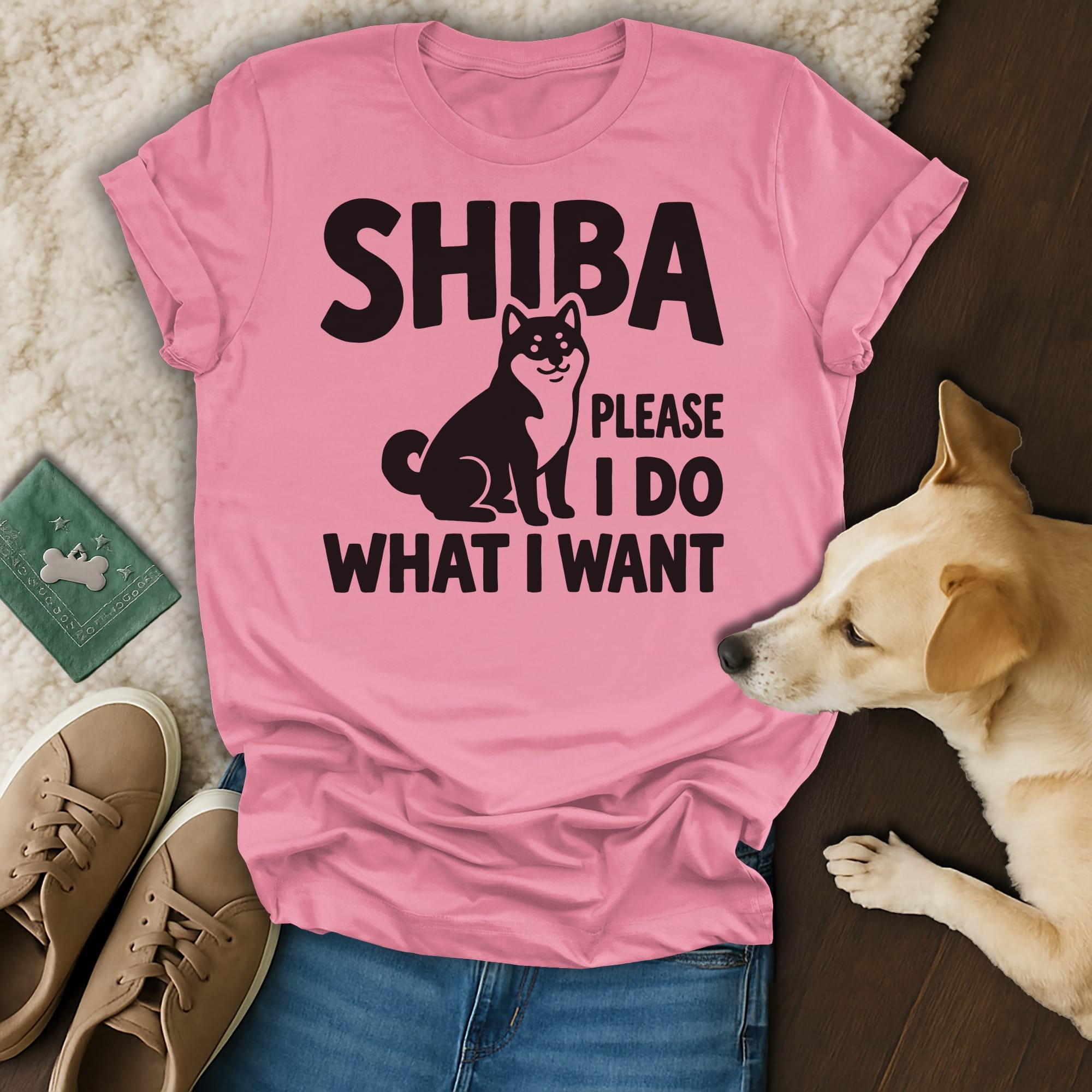 Pink t-shirt with "Shiba Please I Do What I Want" text and a Shiba Inu graphic.