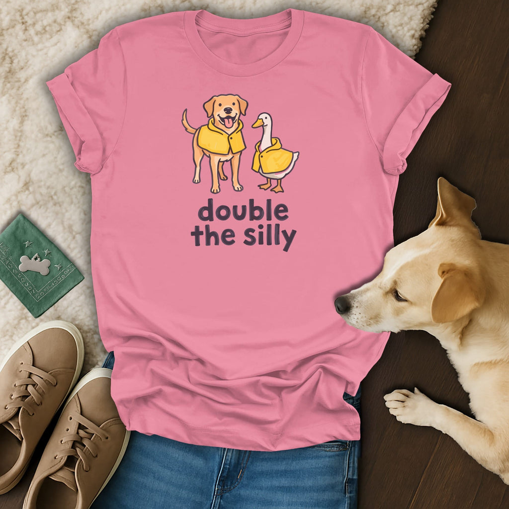 Pink t-shirt with dog and duck illustration and text "double the silly".