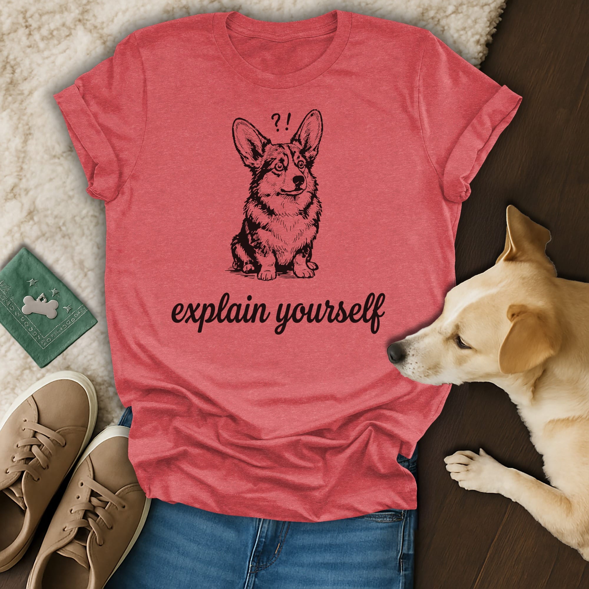Red t-shirt with a cartoon corgi and "explain yourself" text.