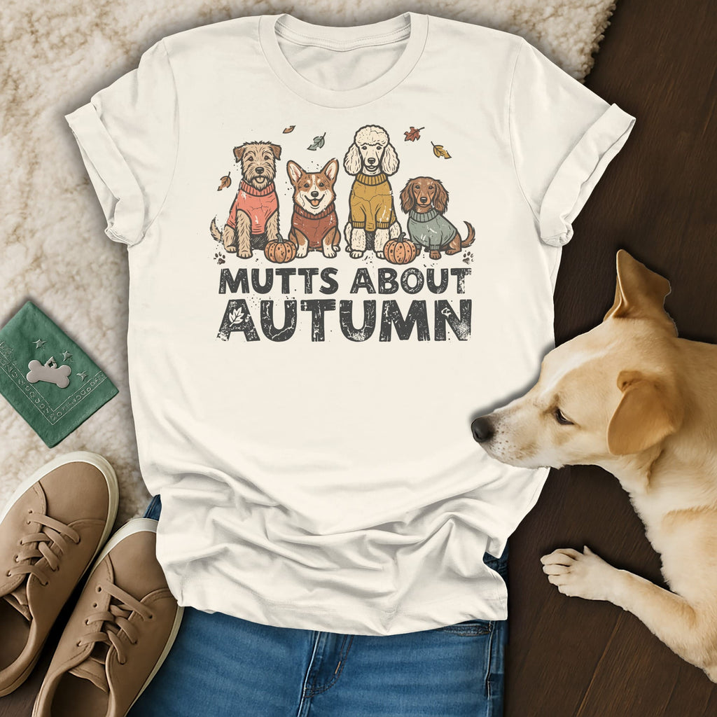 T-shirt with four dogs in sweaters and pumpkins, text "MUTTS ABOUT AUTUMN".