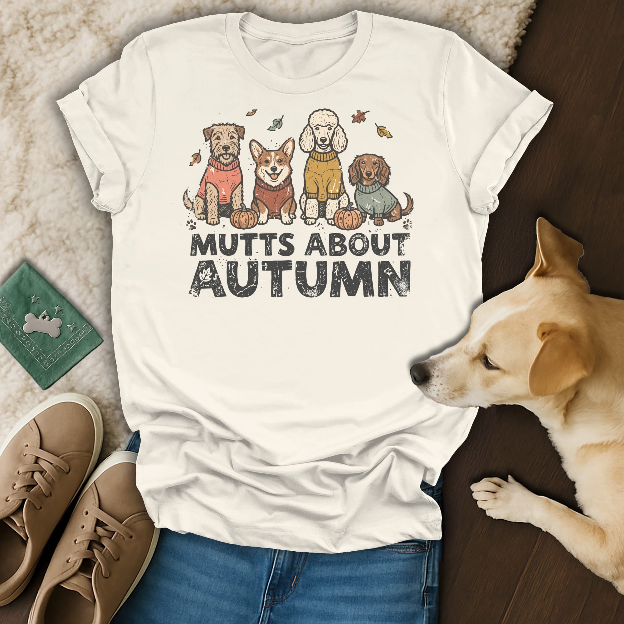 T-shirt with four dogs in sweaters and pumpkins, text "MUTTS ABOUT AUTUMN".