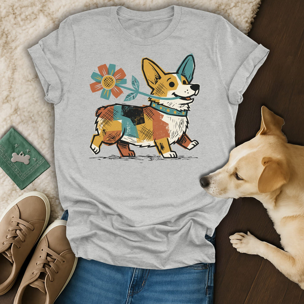 T-shirt with a colorful, blocky corgi walking with a flower.