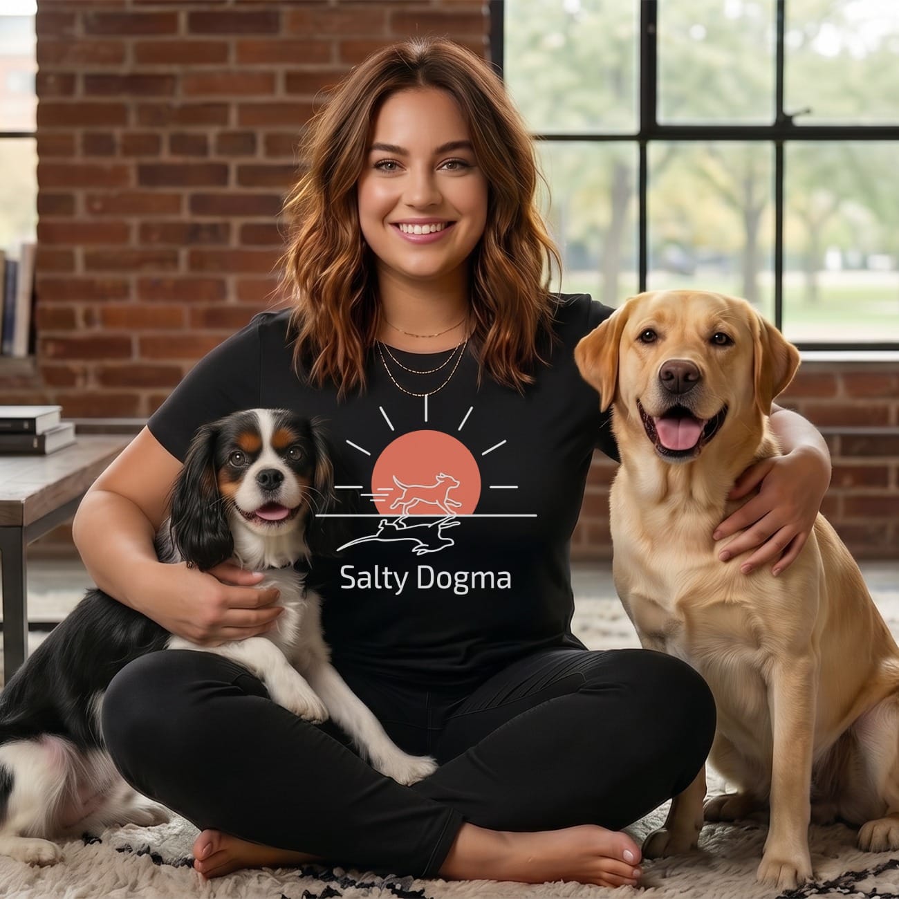 Woman wearing a Salty Dogma t-shirt, sitting with two dogs.