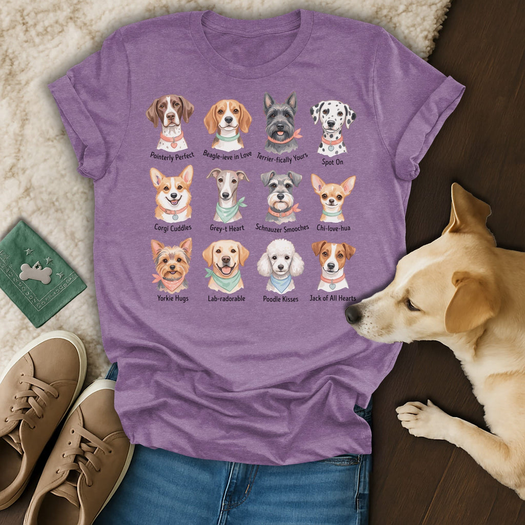 T-shirt with twelve dog breed illustrations and witty breed-related text.