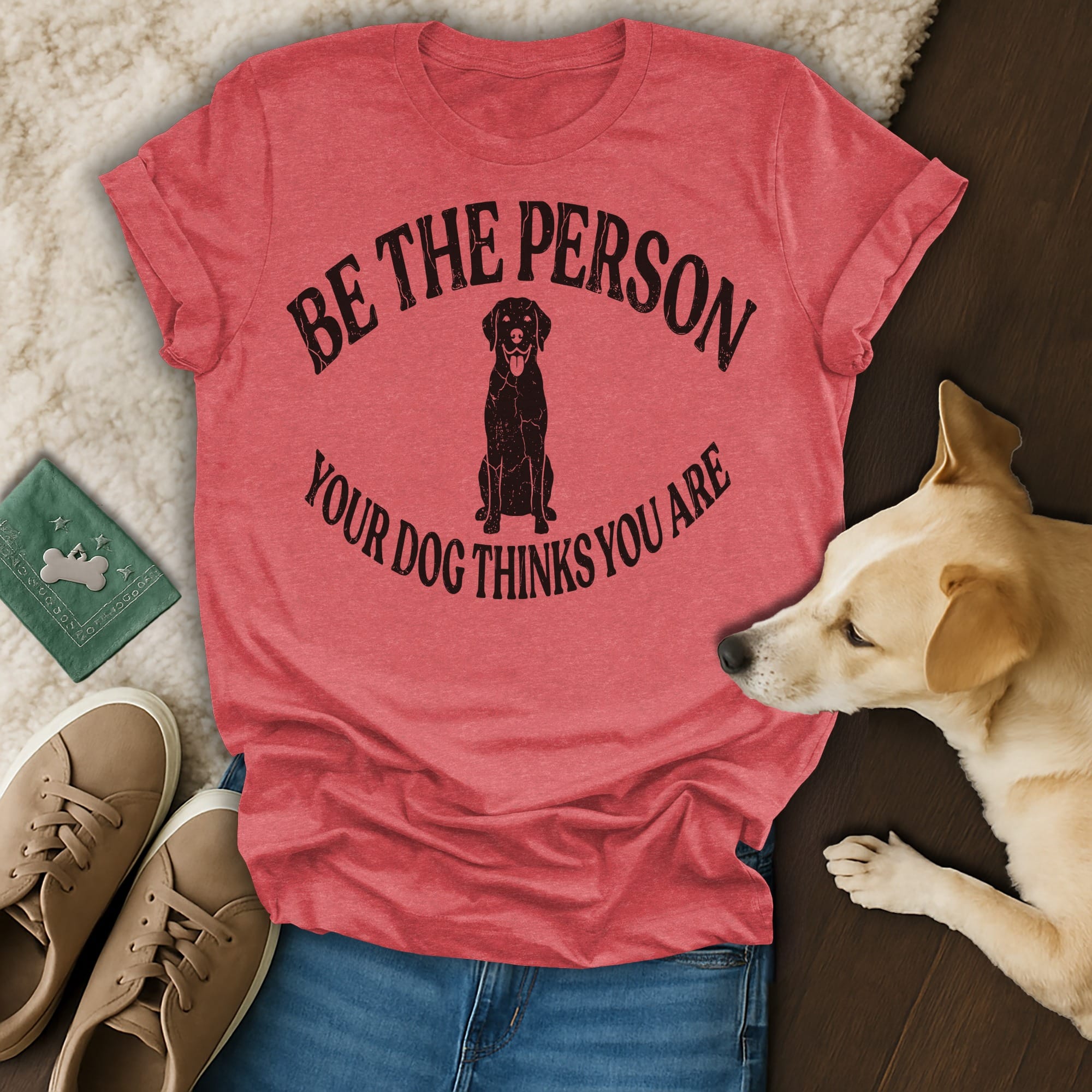 Red t-shirt with black dog and text: Be the person your dog thinks you are.