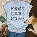 T-shirt with line drawings of various dog breeds and their playful names.