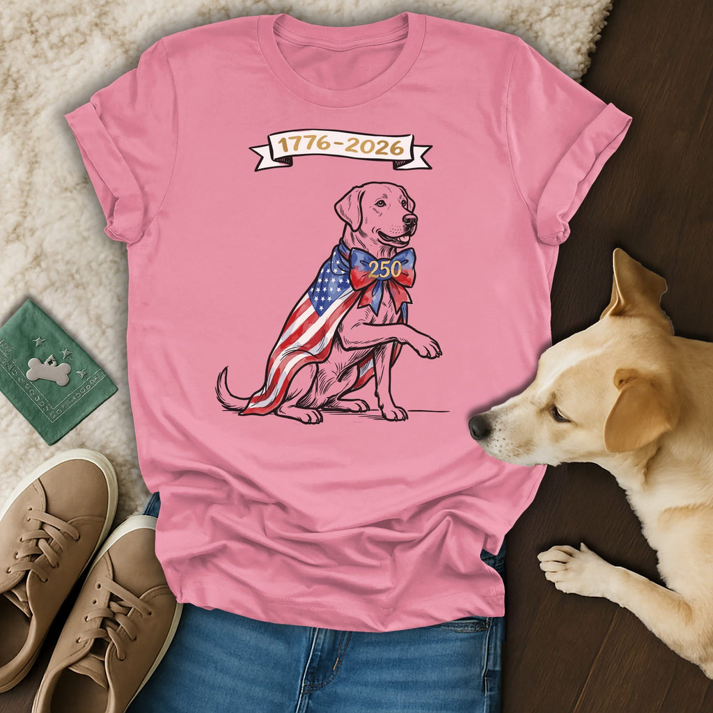 Pink t-shirt with a patriotic dog graphic, "1776-2026 250" banner, and a real dog.