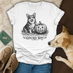 White t-shirt with black sketch of a corgi next to a jack-o'-lantern, text "Gourd Boy".