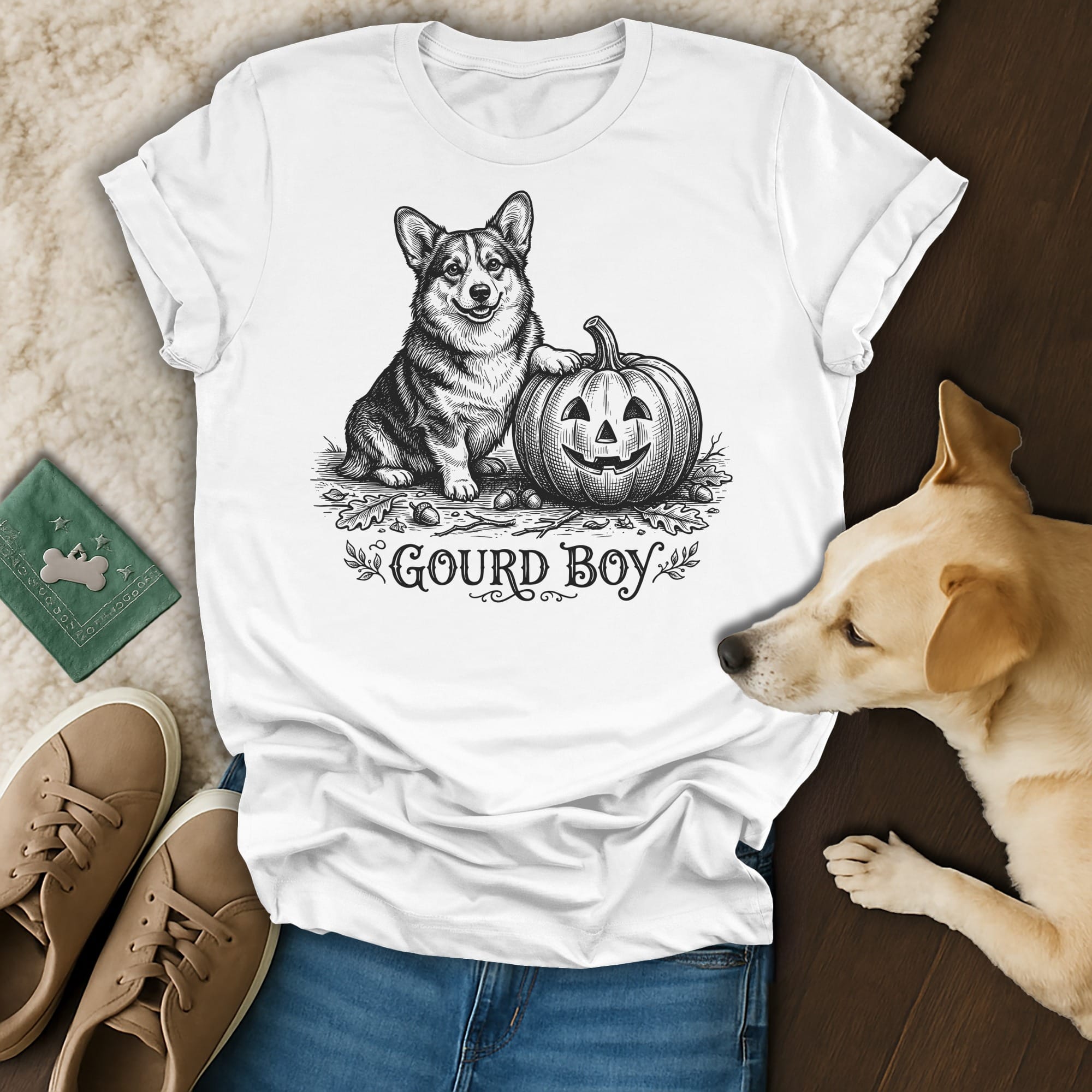 White t-shirt with black sketch of a corgi next to a jack-o'-lantern, text "Gourd Boy".