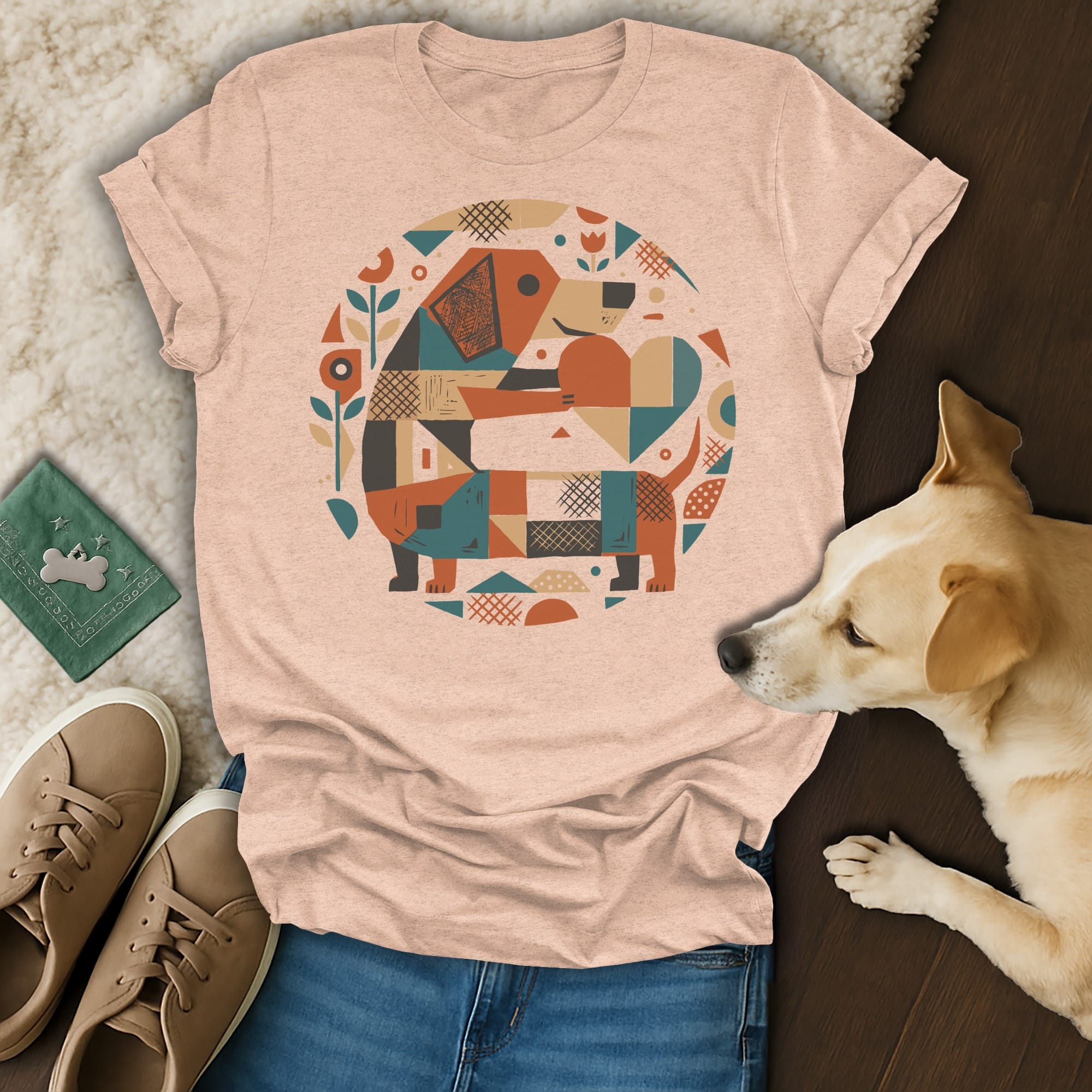 T-shirt with abstract dog and floral geometric pattern.