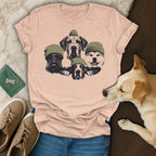 Graphic t-shirt with four dog faces wearing knit beanies.
