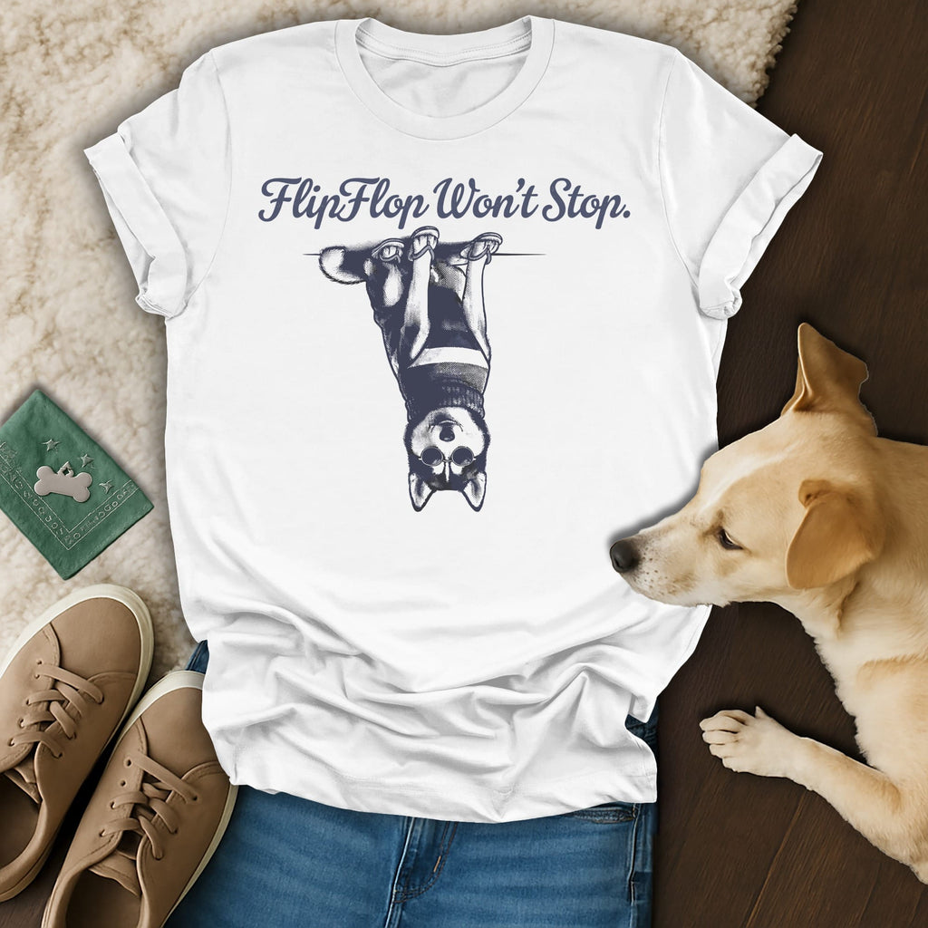 White t-shirt with husky graphic and text "FlipFlop Won't Stop."