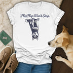 White t-shirt with husky graphic and text "FlipFlop Won't Stop."