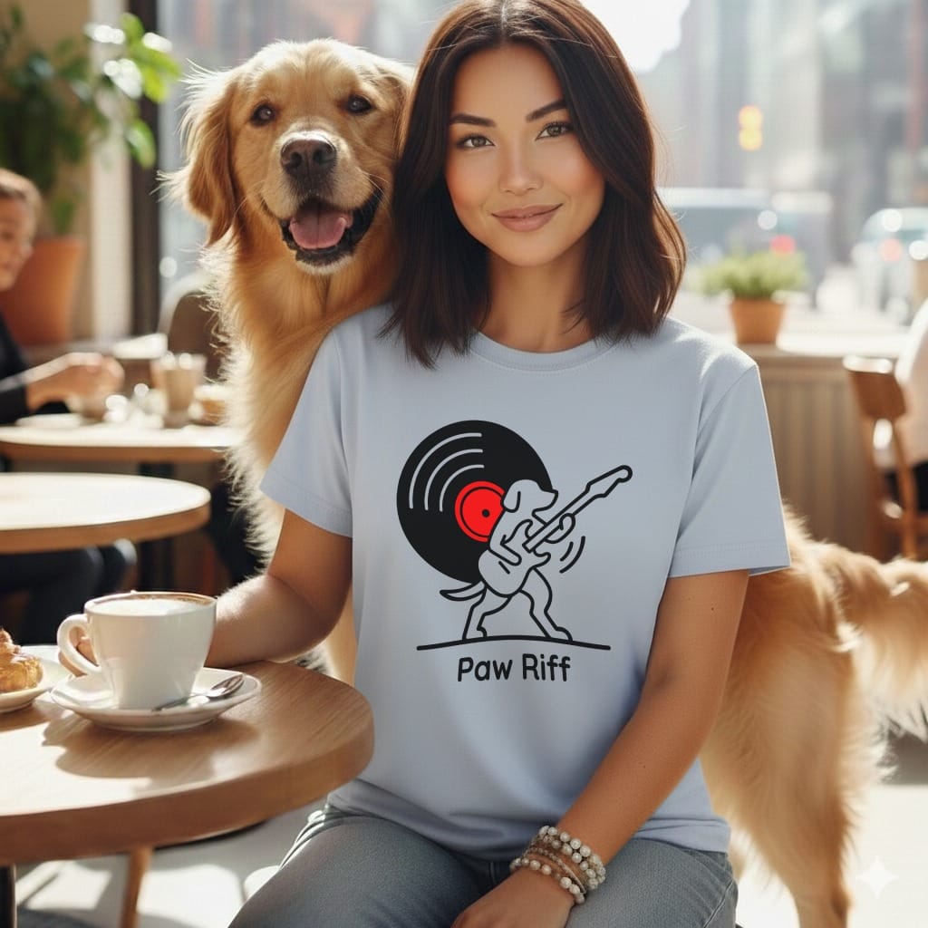 Woman with golden retriever at table, wearing t-shirt with vinyl record and dog playing guitar logo.