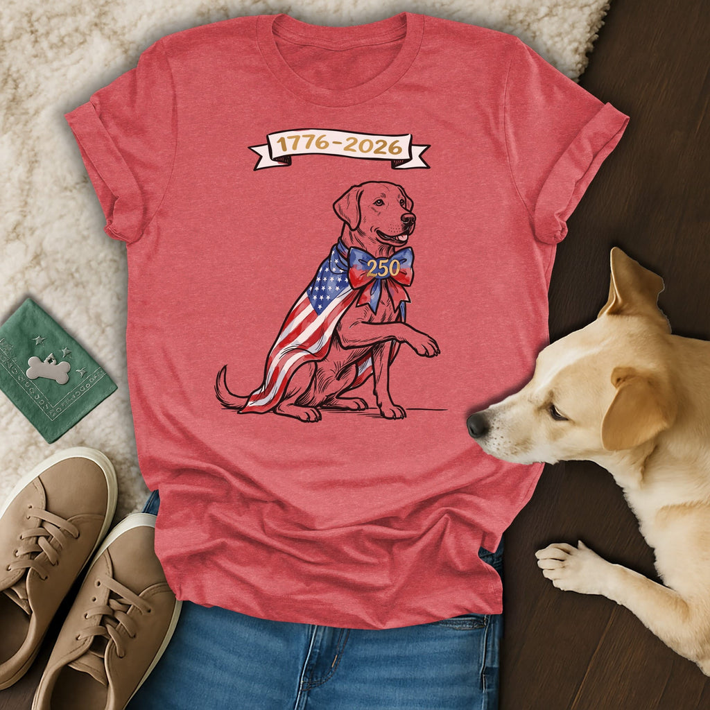 Labrador retriever wearing an American flag bandana and a patriotic bow on a red t-shirt.
