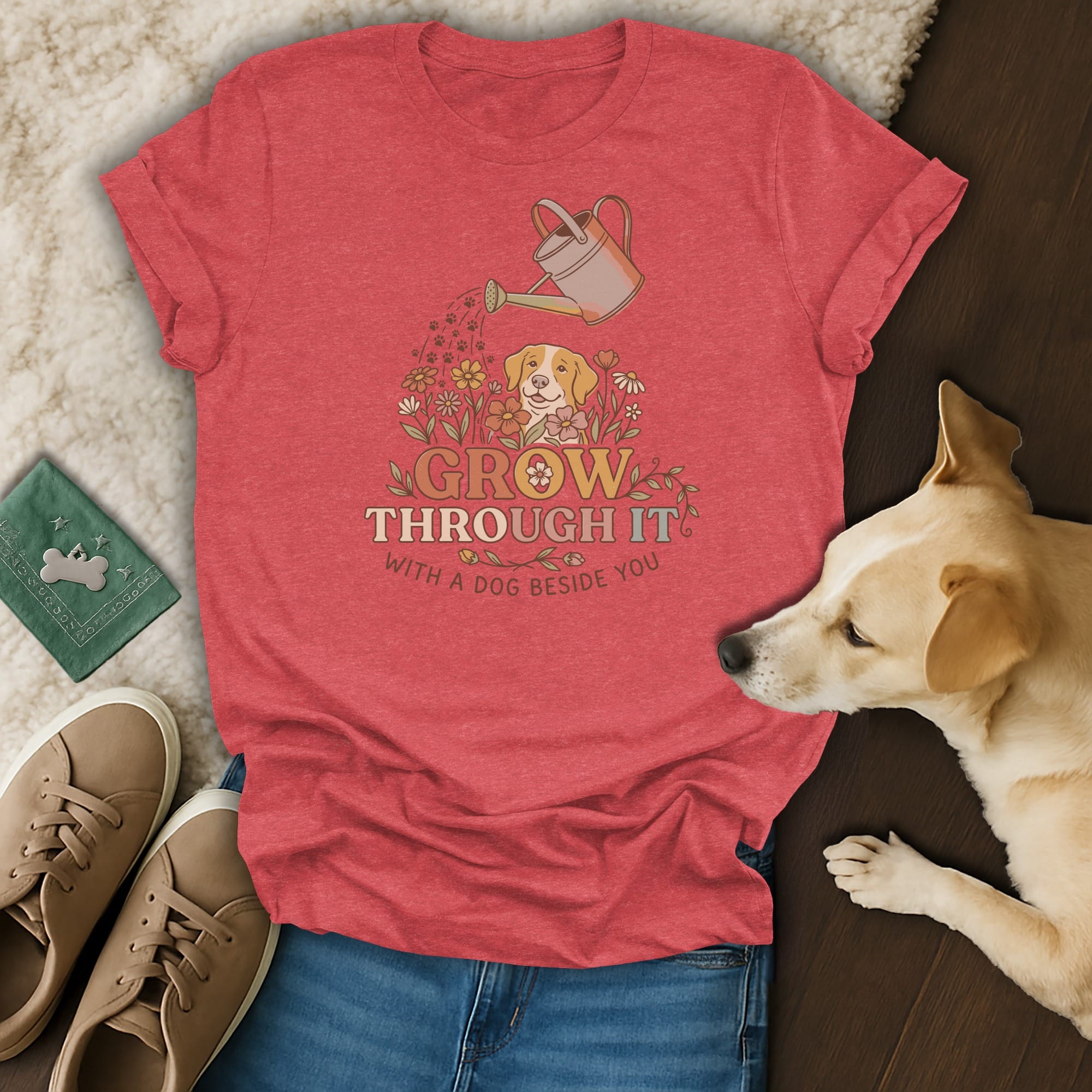 Red t-shirt with "GROW THROUGH IT WITH A DOG BESIDE YOU" graphic and a dog.