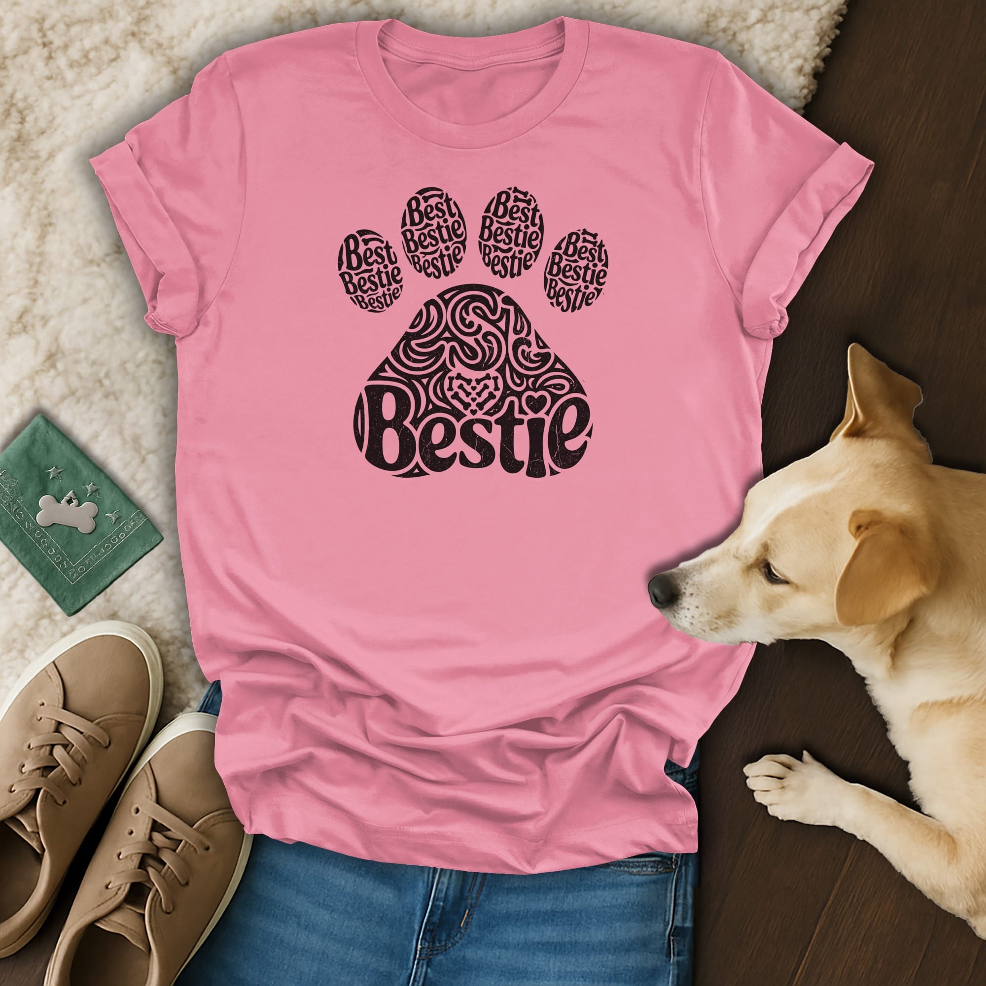 Pink t-shirt with "Bestie" inside a paw print design.