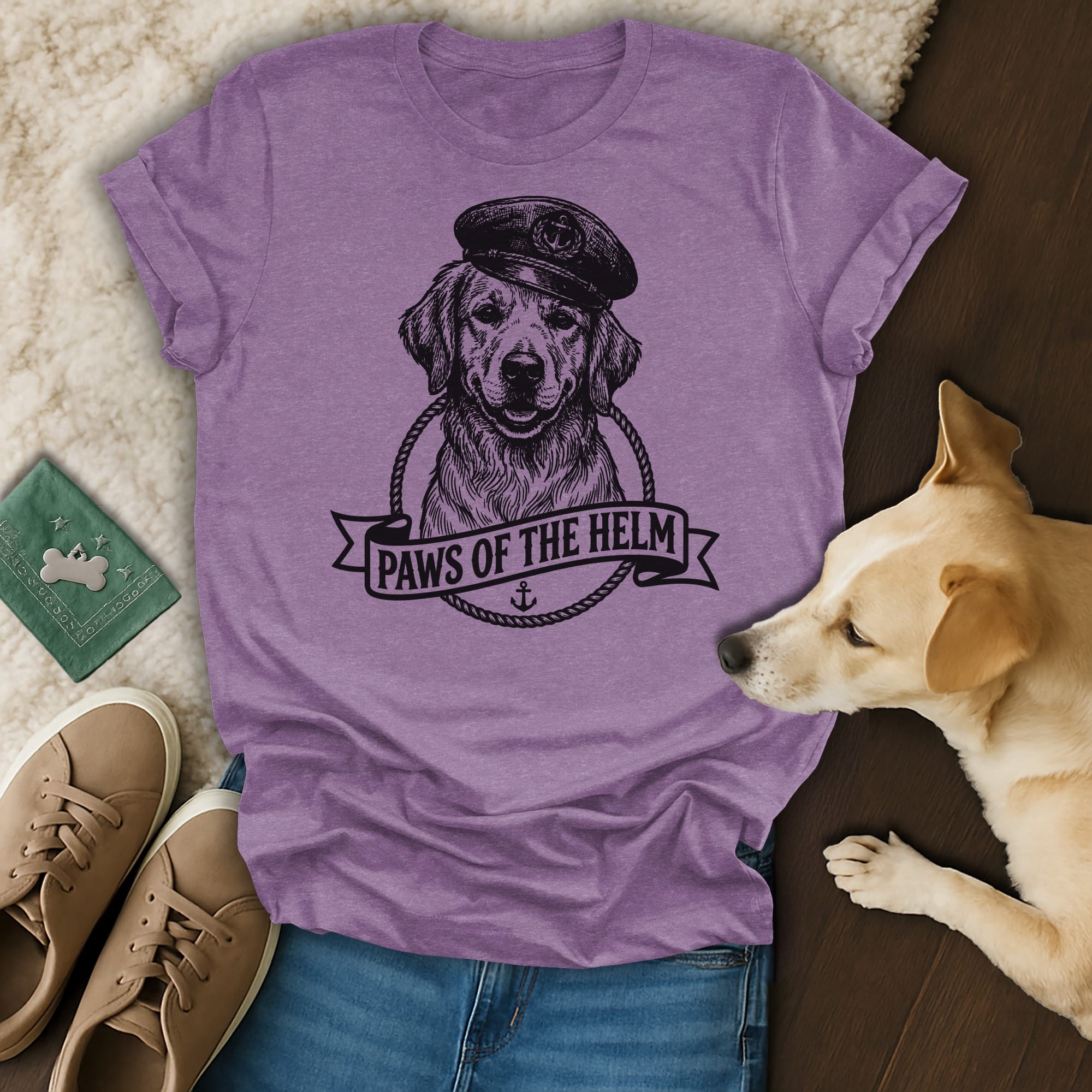 T-shirt with golden retriever wearing a captain's hat, text "Paws of the Helm".