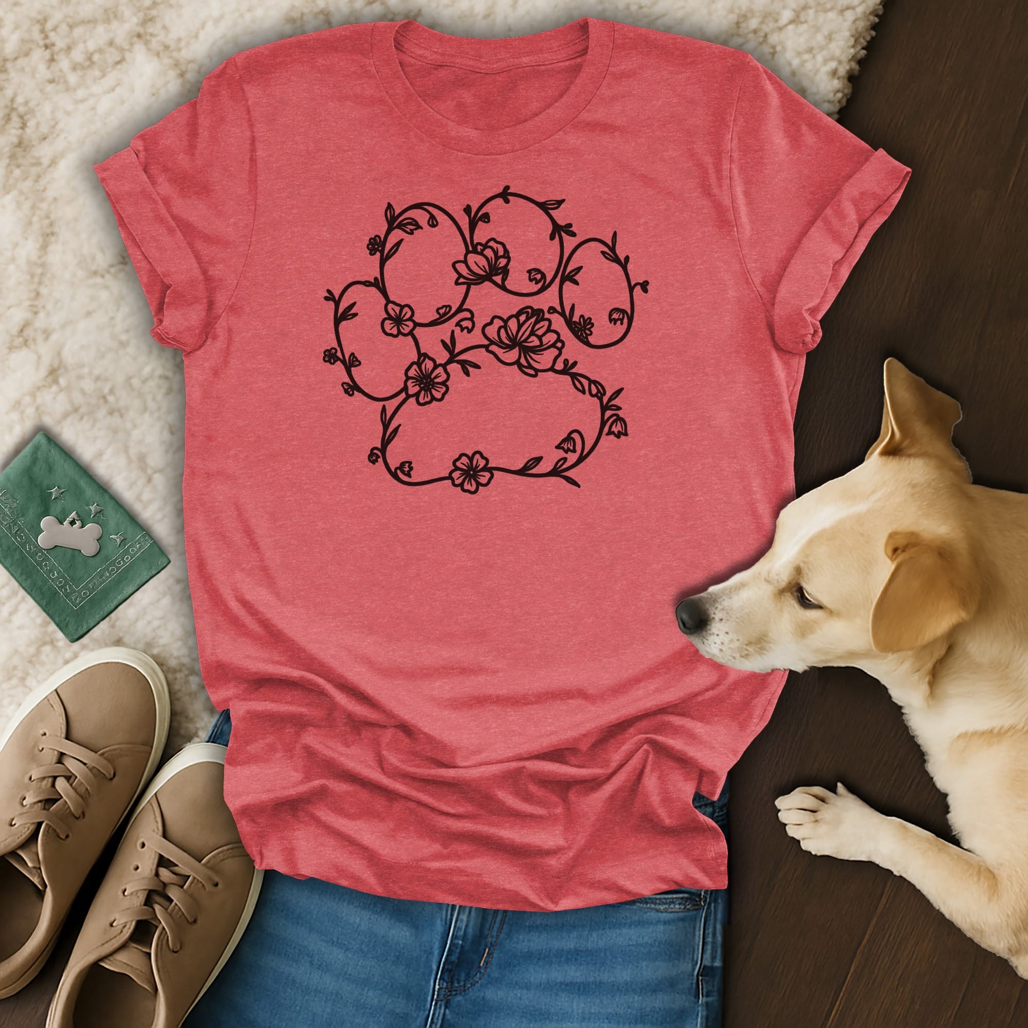 Coral t-shirt with a floral paw print design and a dog lying next to it.