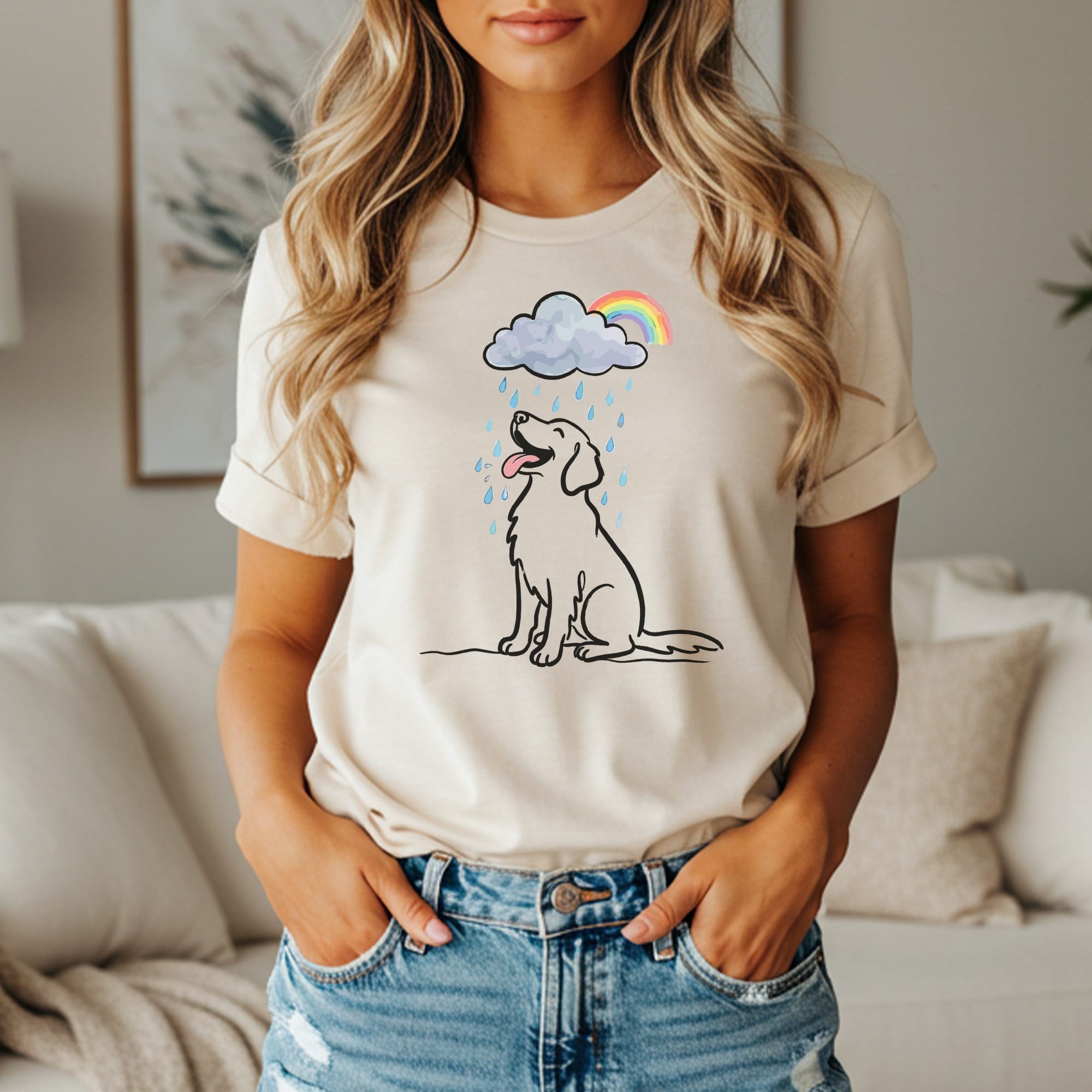 Line drawing of happy dog with rainbow cloud and rain falling.