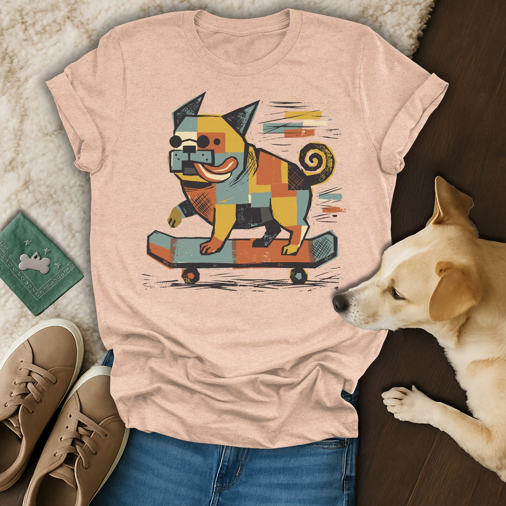 T-shirt graphic of a pixelated dog riding a skateboard.