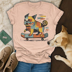 T-shirt graphic of a pixelated dog riding a skateboard.