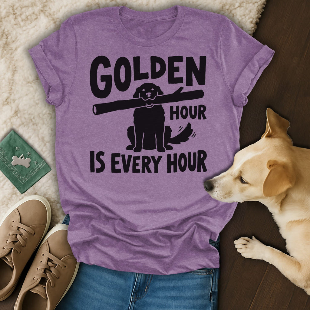 Purple t-shirt with black text and silhouette of dog holding stick.