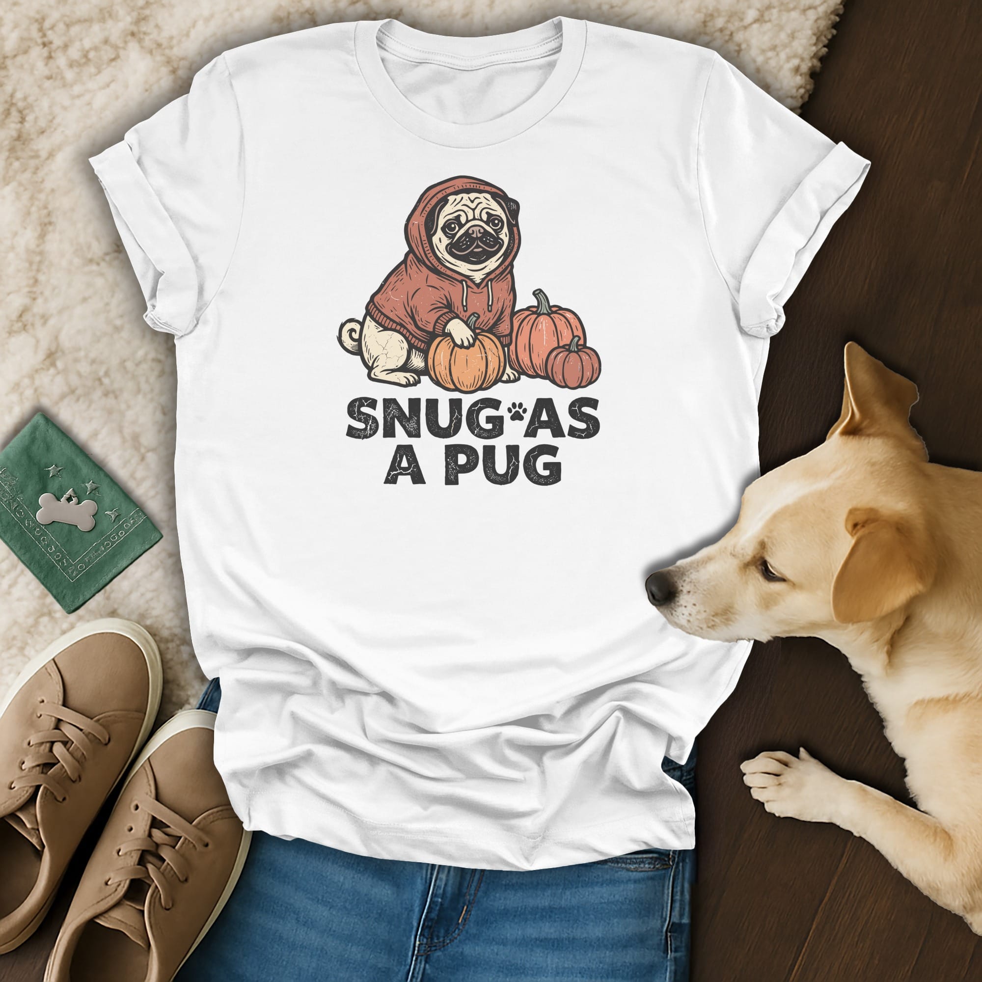 White t-shirt with a pug in a hoodie and pumpkins, text "SNUG AS A PUG".