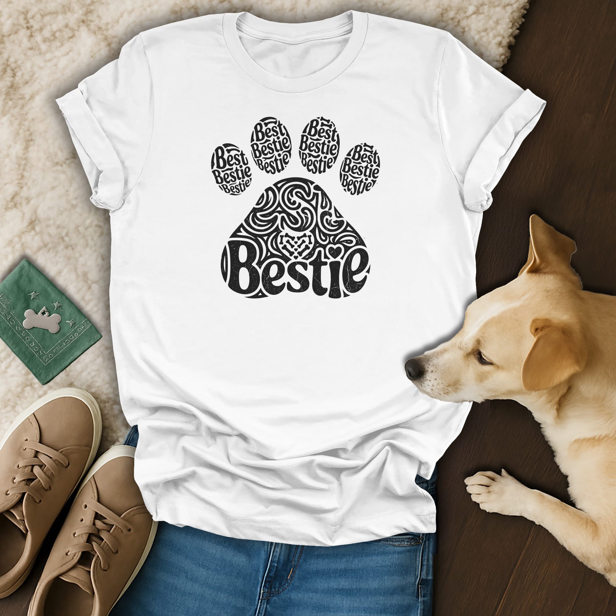 White t-shirt with black paw print graphic saying "Bestie" repeatedly.