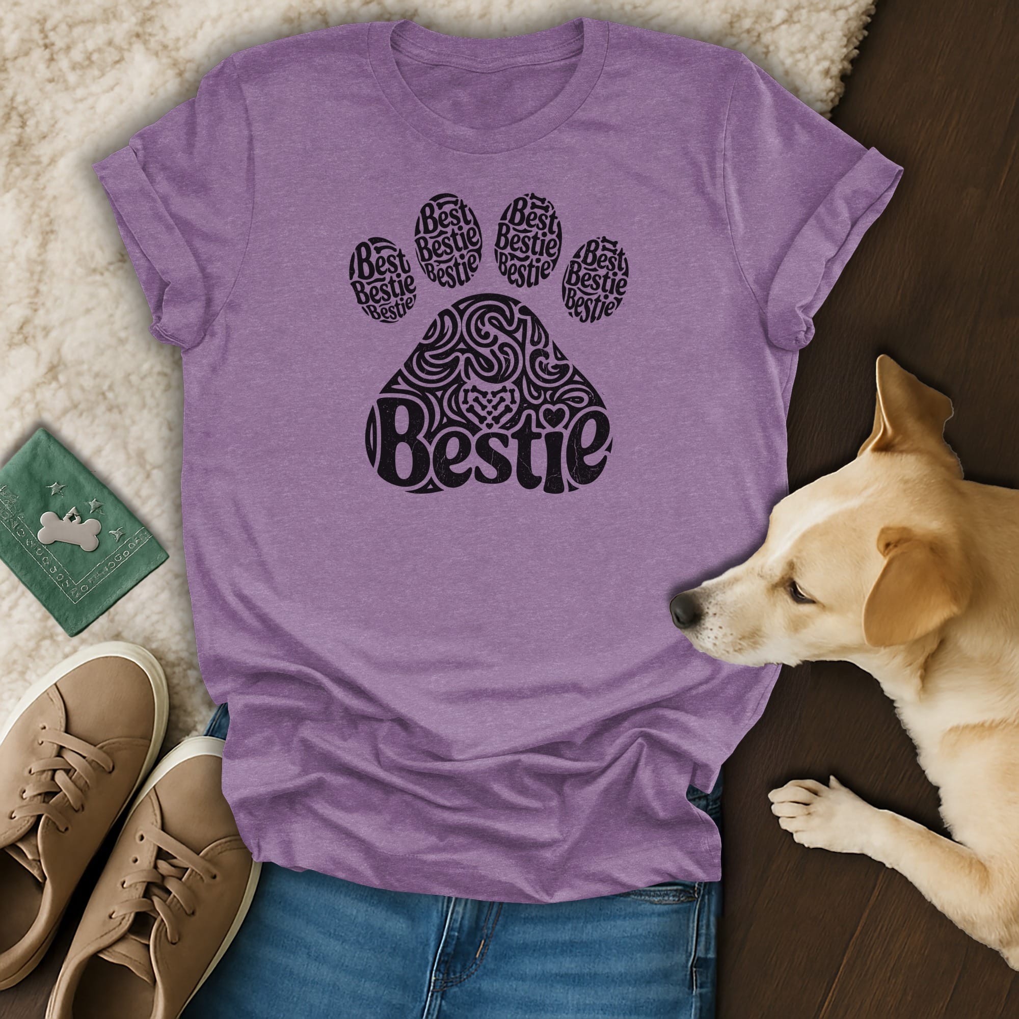 Purple t-shirt with a black paw print design filled with the word "Bestie".