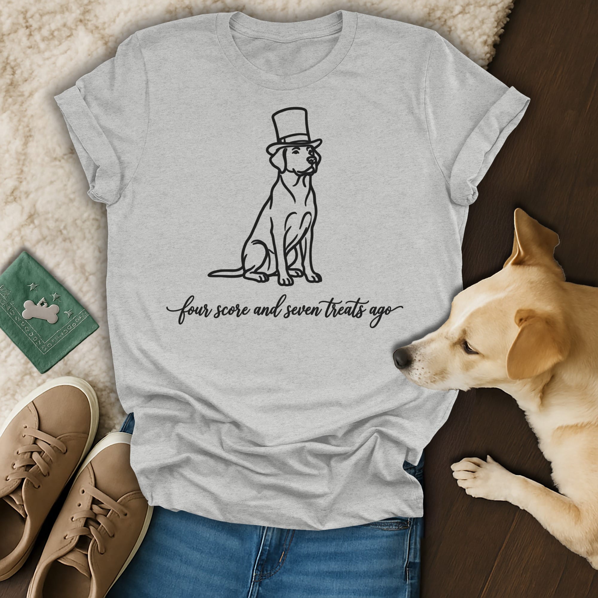 Labrador dog wearing top hat, "four score and seven treats ago" text.